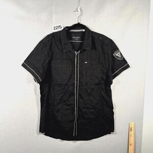 Guess Jeans Shirt Mens 2XL Black Striped Cotton Pleated Button Up Streetwear